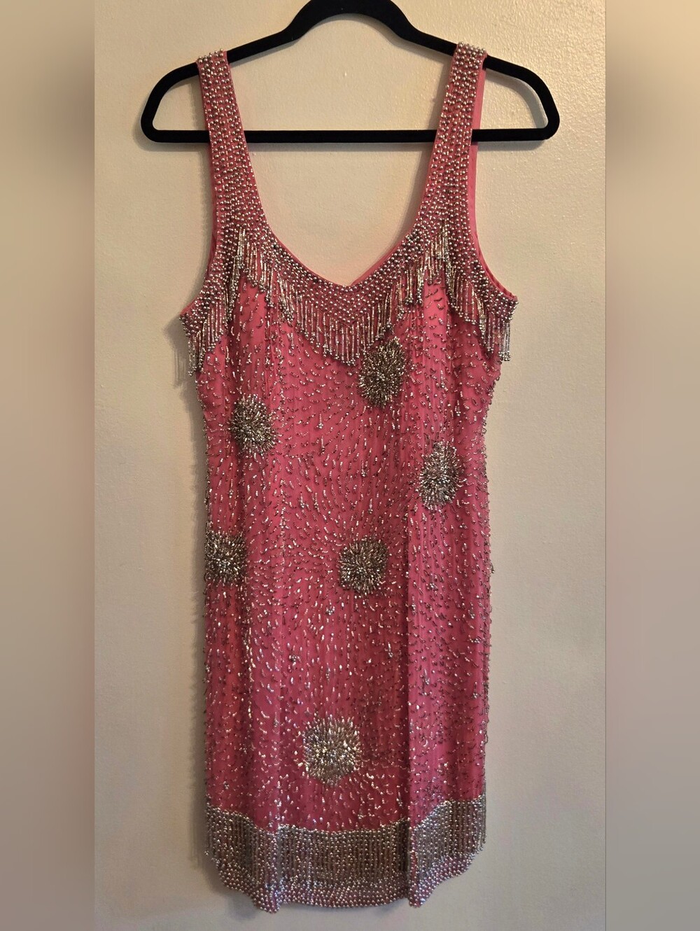 Alyce Designs Vintage Ornate Pink Handbeaded Silk Midi Dress